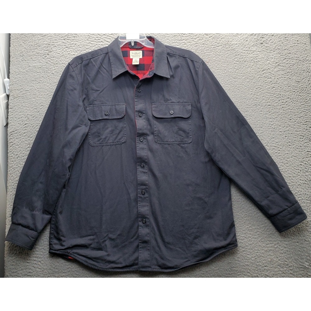 L.L. Bean Flannel Lined Shirt Men Large Black Long Sleeve Patch Pocket Button-Up